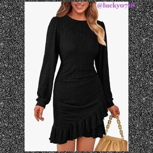 PrettyGarden NWT Black Ruched Bodycon Long Puff Sleeve Mini Dress in Black Sz S